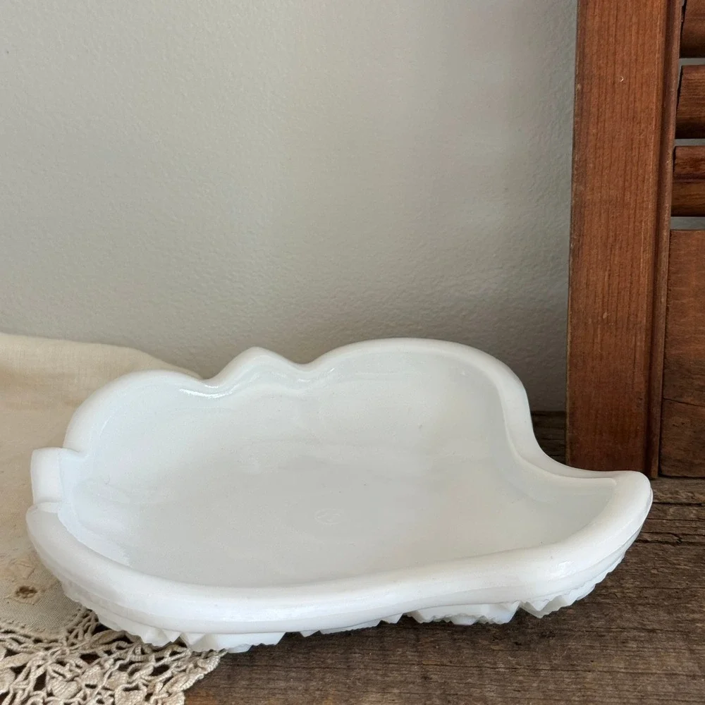 Vintage White Milk Glass Embossed Starburst Geometric Trinket Candy Dish Bowl